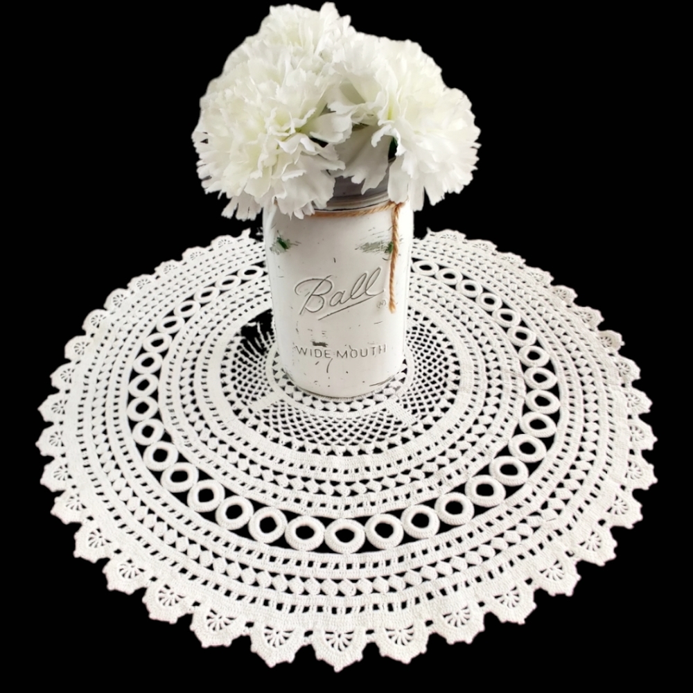 Vintage crocheted round dresser doily, table linen